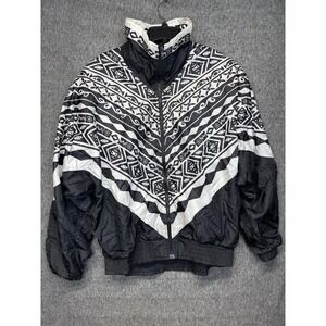 Vintage Lavon Jacket Womens Large Black White Geometric Full Zip Windbreaker 80s